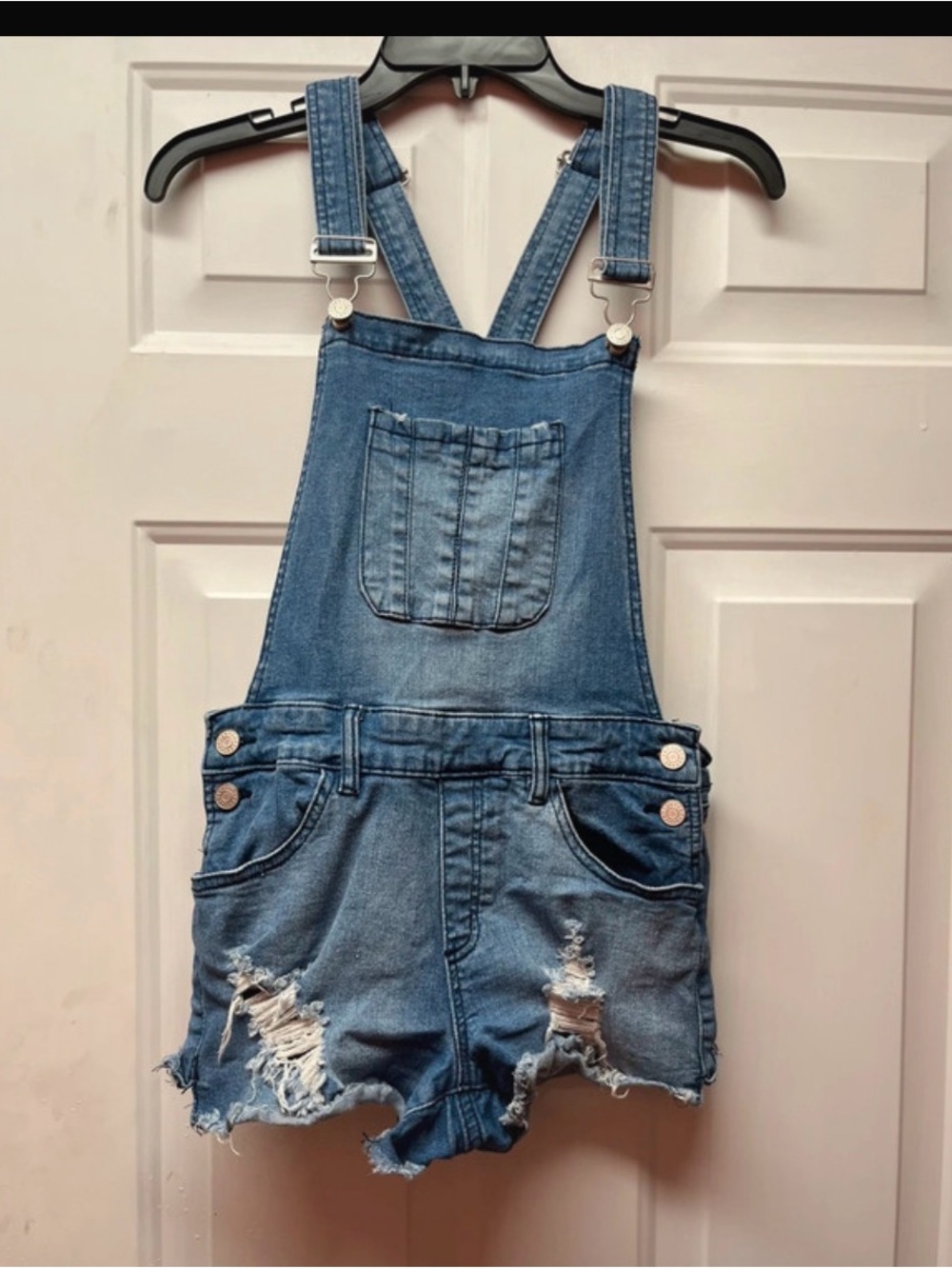 refuge Blue Distressed Denim Short Overalls